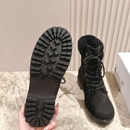 CELINE 25S KURT LACE UP MID BOOT IN BLACK FULL SUEDE AND SHEARLING