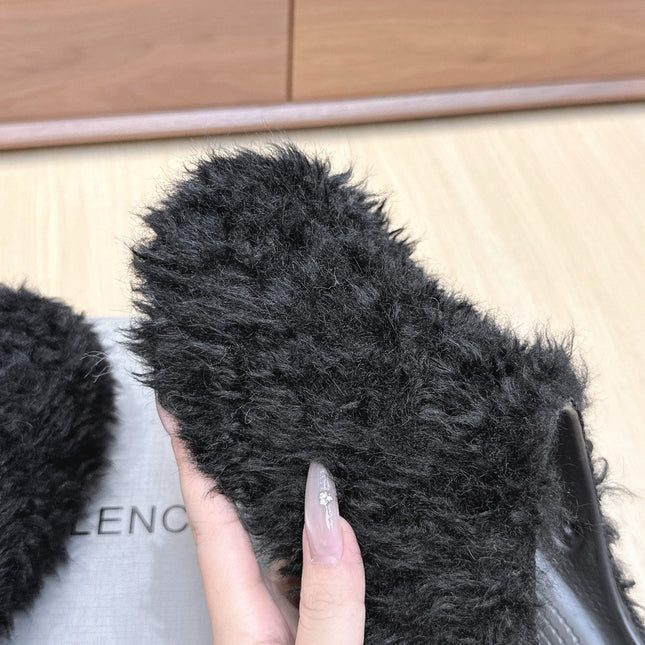 BALENCIAGA 25S MULES IN BLACK FAUX FUR
