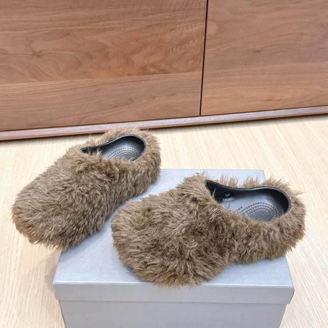 BALENCIAGA 25S MULES IN BROWN FAUX FUR