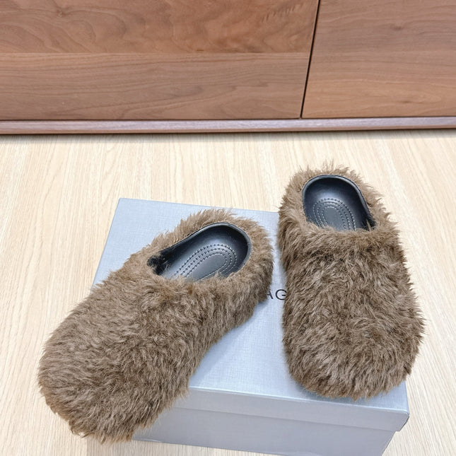 BALENCIAGA 25S MULES IN BROWN FAUX FUR