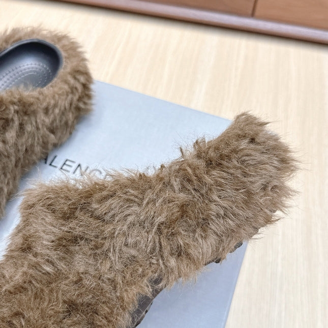 BALENCIAGA 25S MULES IN BROWN FAUX FUR