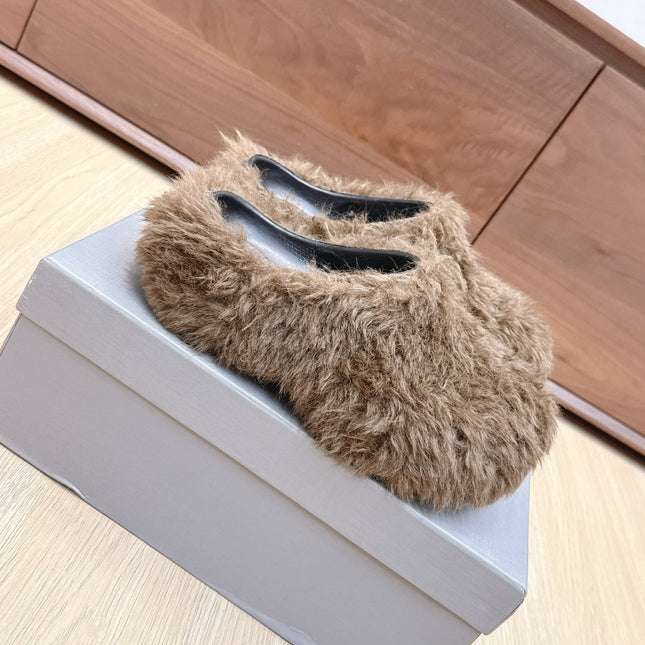BALENCIAGA 25S MULES IN BROWN FAUX FUR