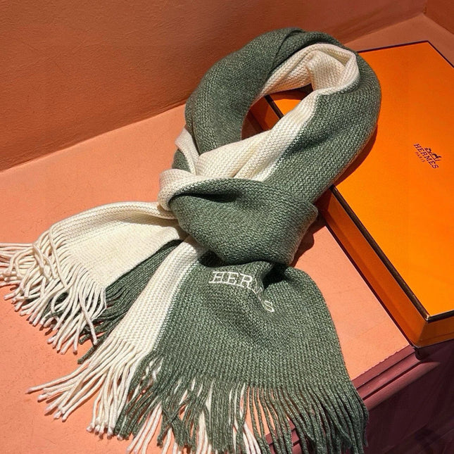 HIGH-END SCARF 180 IN MOSS GREEN MIX BEIGE CASHMERE