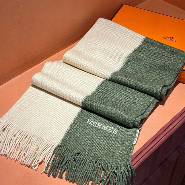 HIGH-END SCARF 180 IN MOSS GREEN MIX BEIGE CASHMERE