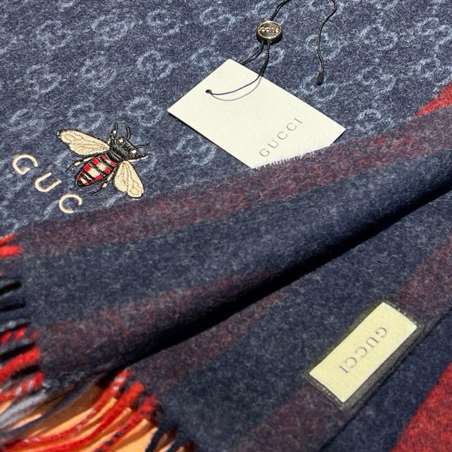 SCARF 180 CM IN NAVY BLUE CASHMERE WITH BEE PATTERN 396476