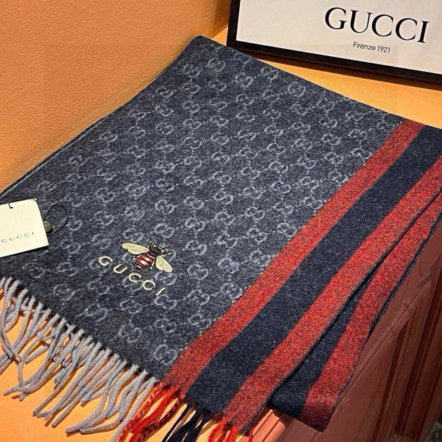 SCARF 180 CM IN NAVY BLUE CASHMERE WITH BEE PATTERN 396476