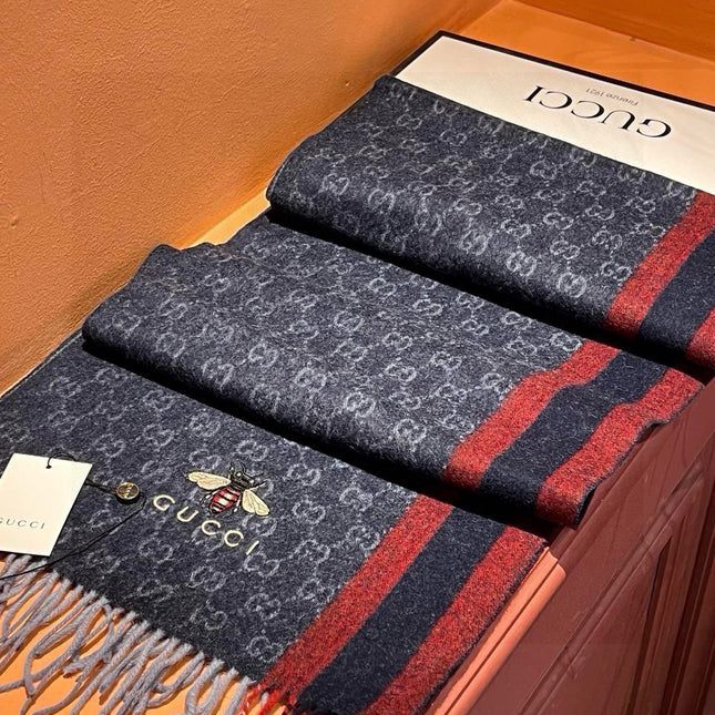 SCARF 180 CM IN NAVY BLUE CASHMERE WITH BEE PATTERN 396476