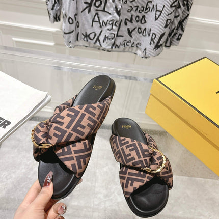FF KNOT SLIDE SANDALS IN BROWN FABRIC