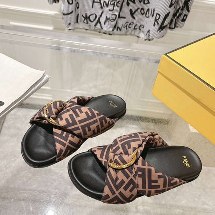 FF KNOT SLIDE SANDALS IN BROWN FABRIC