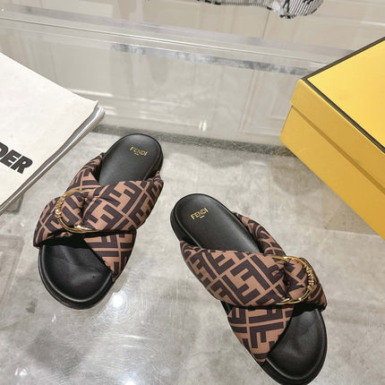 FF KNOT SLIDE SANDALS IN BROWN FABRIC