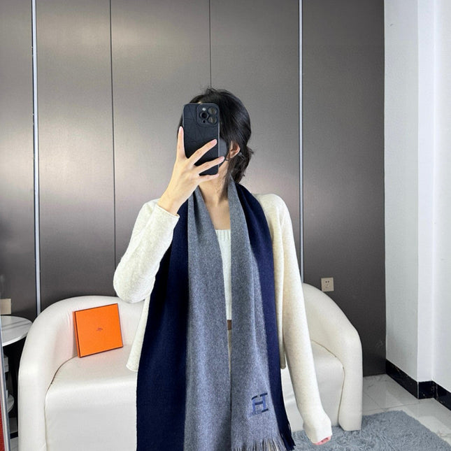 SCARF 180 CM IN NAVY BLUE MIX GREY CASHMERE WITH EMBROIDERED LOGO