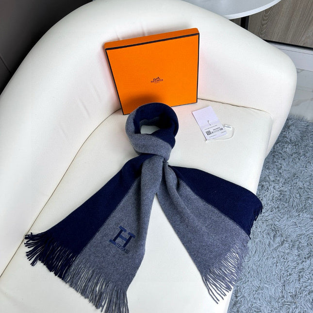 SCARF 180 CM IN NAVY BLUE MIX GREY CASHMERE WITH EMBROIDERED LOGO