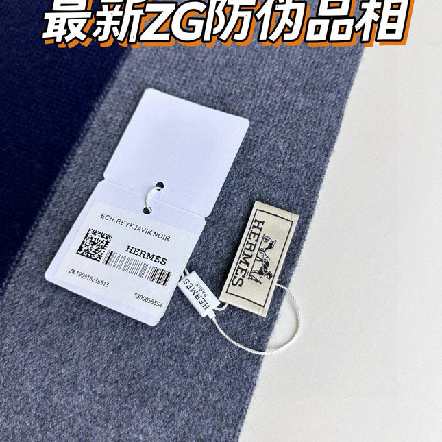 SCARF 180 CM IN NAVY BLUE MIX GREY CASHMERE WITH EMBROIDERED LOGO