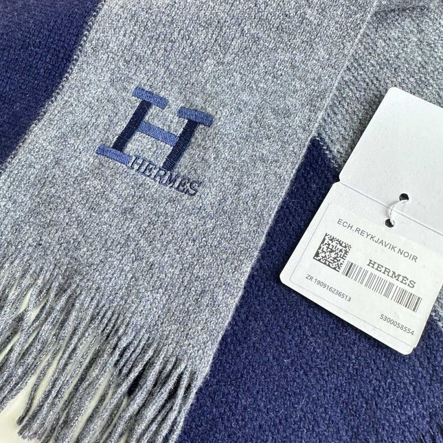 SCARF 180 CM IN NAVY BLUE MIX GREY CASHMERE WITH EMBROIDERED LOGO