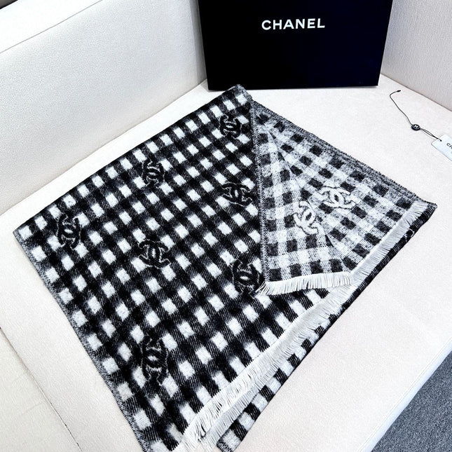 SCARF 190 CM IN BLACK MIX WHITE CARO CASHMERE AND WOOL 390944