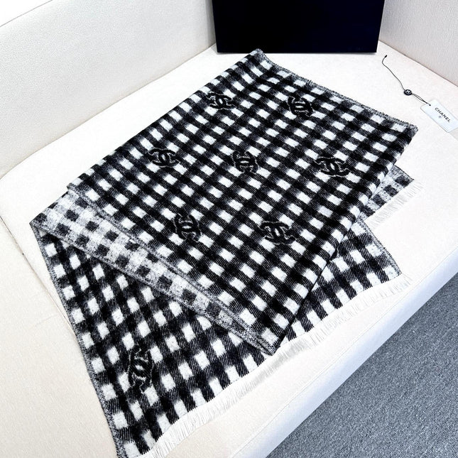 SCARF 190 CM IN BLACK MIX WHITE CARO CASHMERE AND WOOL 390944