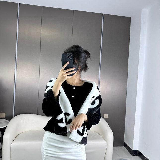 SCARF 120 CM IN BLACK MIX WHITE CASHMERE AND FUR 396432