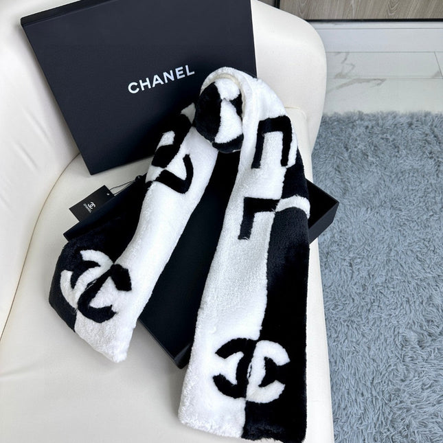 SCARF 120 CM IN BLACK MIX WHITE CASHMERE AND FUR 396432