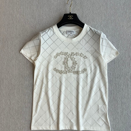CHANEL WHITE SHORT-SLEEVE EMBELLISHED T-SHIRT