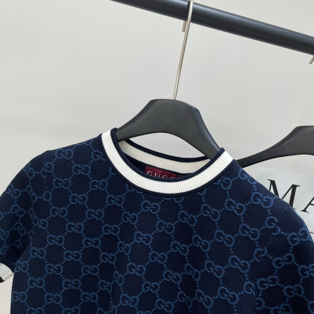 GUCCI SHORT-SLEEVE CREW NECK KNIT TOP WITH WHITE TRIM 256819