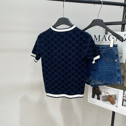 GUCCI SHORT-SLEEVE CREW NECK KNIT TOP WITH WHITE TRIM 256819