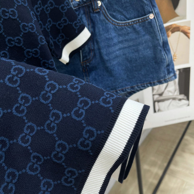 GUCCI SHORT-SLEEVE CREW NECK KNIT TOP WITH WHITE TRIM 256819