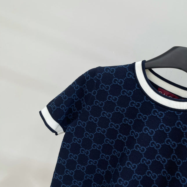 GUCCI SHORT-SLEEVE CREW NECK KNIT TOP WITH WHITE TRIM 256819