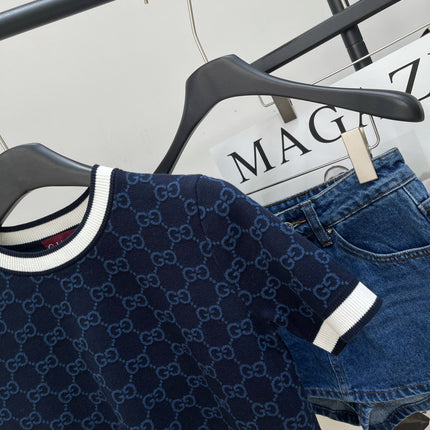 GUCCI SHORT-SLEEVE CREW NECK KNIT TOP WITH WHITE TRIM 256819