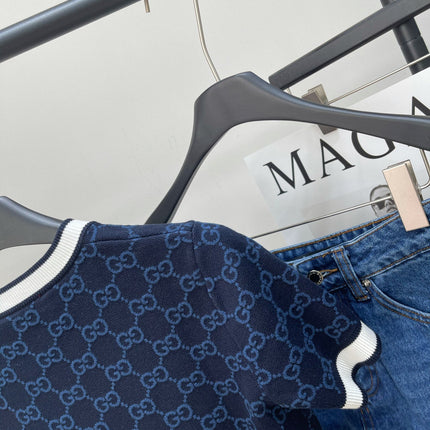 GUCCI SHORT-SLEEVE CREW NECK KNIT TOP WITH WHITE TRIM 256819