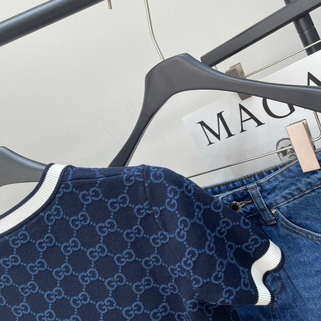 GUCCI SHORT-SLEEVE CREW NECK KNIT TOP WITH WHITE TRIM 256819