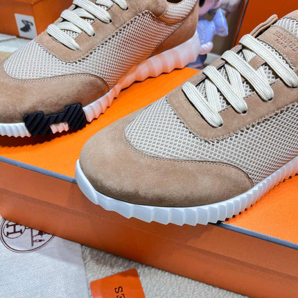 BOUNCING SNEAKER IN PEANUT BROWN SUEDE AND WHITE KNIT