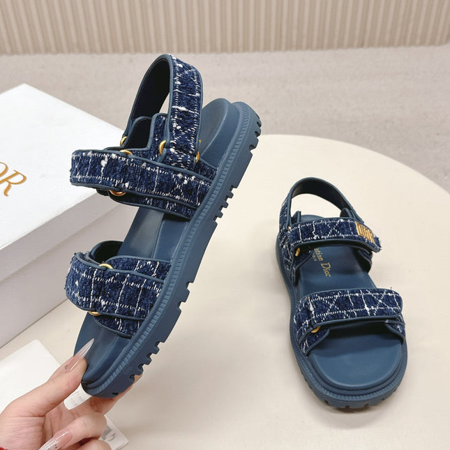 DIOR BACK-STRAP SANDALS 25S IN NAVY BLUE TWEED AND CALFSKIN