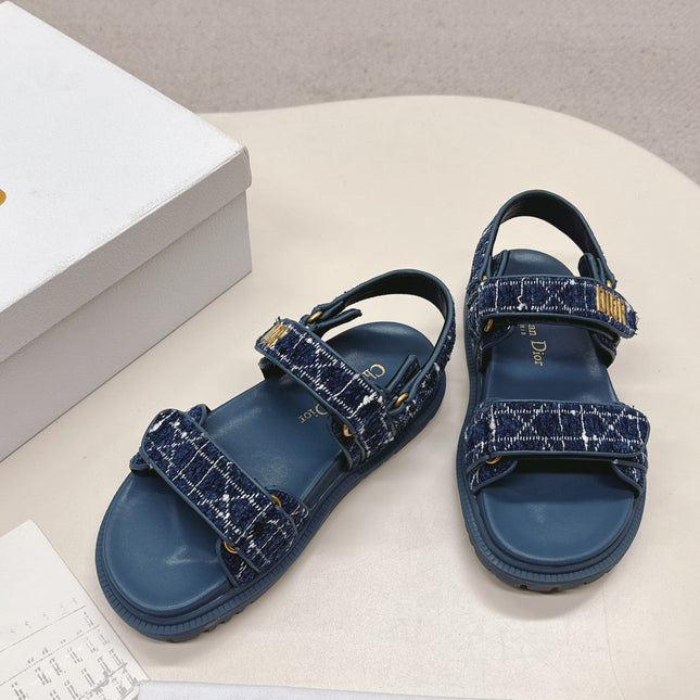 DIOR BACK-STRAP SANDALS 25S IN NAVY BLUE TWEED AND CALFSKIN