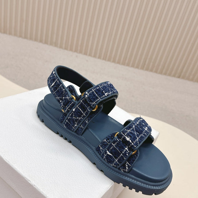 DIOR BACK-STRAP SANDALS 25S IN NAVY BLUE TWEED AND CALFSKIN