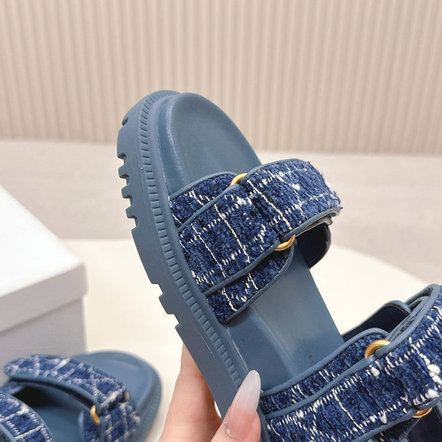 DIOR BACK-STRAP SANDALS 25S IN NAVY BLUE TWEED AND CALFSKIN