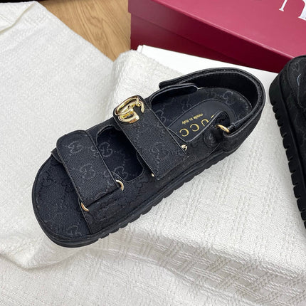 GG CLASSIC SANDALS 25S IN BLACK FABRIC WITH GOLD HARDWARE