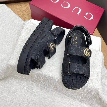 GG CLASSIC SANDALS 25S IN BLACK FABRIC WITH GOLD HARDWARE