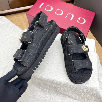 GG CLASSIC SANDALS 25S IN BLACK FABRIC WITH GOLD HARDWARE