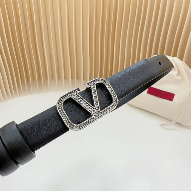 Vlogo Buckle Water Wave Silver Copper Glossy Black Leather 20mm Belt