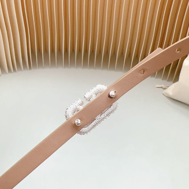 VL Belt 8mm Buckle Silver Diamond Leather Beige