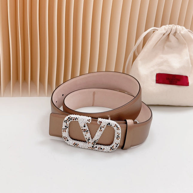 Vlogo Brown Black White Stone Silver Buckle Belt 40mm Brown Light Pink Leather