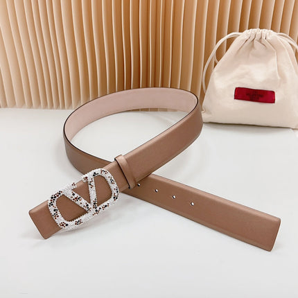 Vlogo Brown Black White Stone Silver Buckle Belt 40mm Brown Light Pink Leather