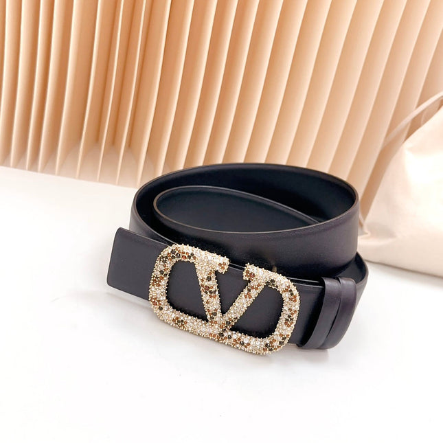 Vlogo Brown Black White Stone Gold Buckle Belt 40mm Black Leather