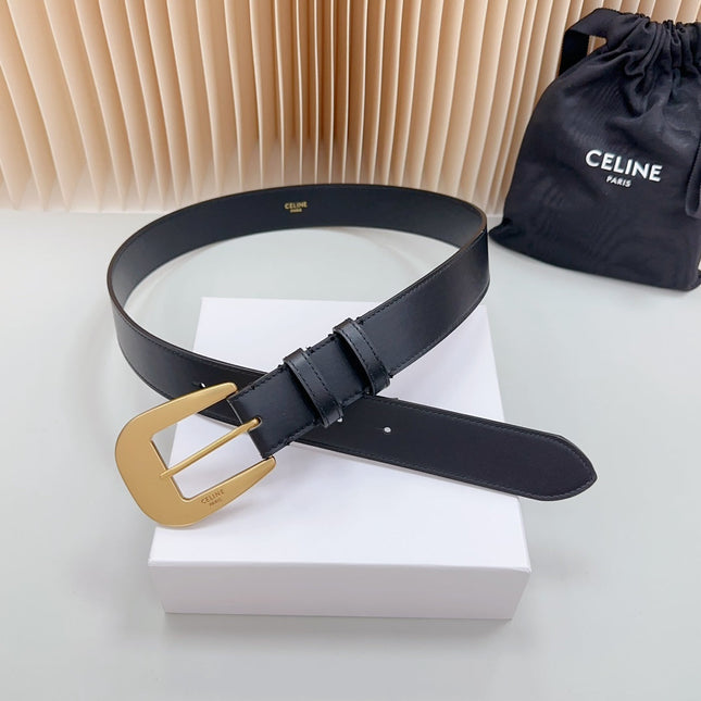 LARGE WESTERN 35 MM BELT BLACK CALFSKIN GOLD HARDWARE