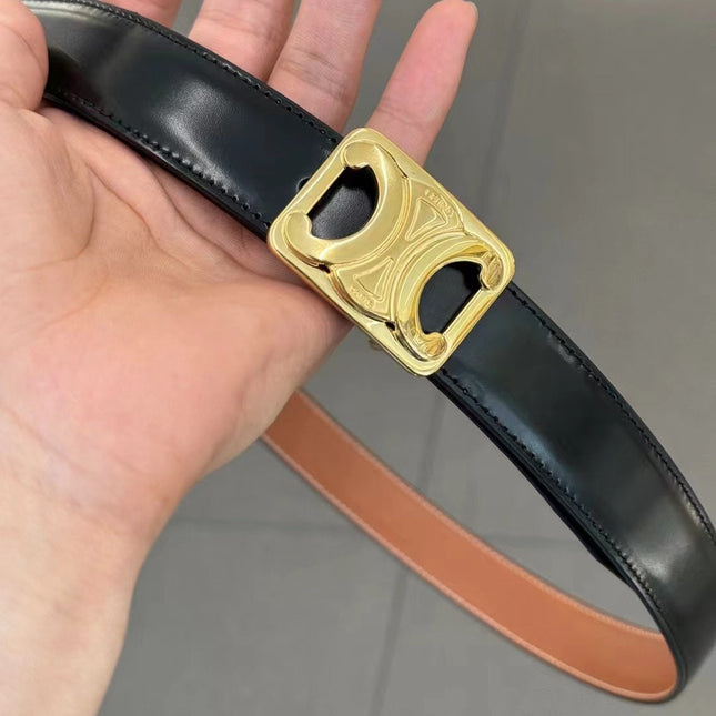 CL MEDIUM 25 MM REVERSIBLE FRAMED TRIOMPHE BELT BLACK AND BRONZE BROWN CALFSKIN GOLD HARDWARE