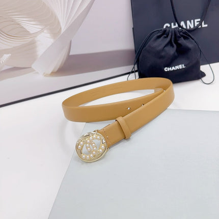 CC 30MM BELT IN CAMEL BEIGE CALFSKIN SILVER HARDWARE ATTACH PEARLS