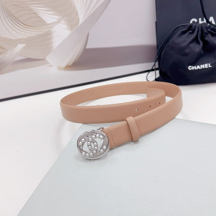 CC 30MM BELT IN DESERT SAND CALFSKIN SILVER HARDWARE ATTACH PEARLS