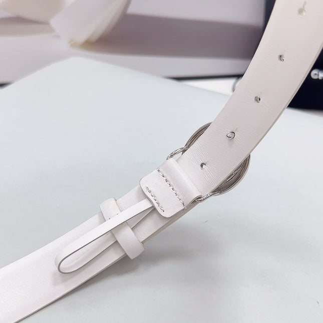 CC 30MM BELT IN WHITE CALFSKIN SILVER HARDWARE ATTACH PEARLS