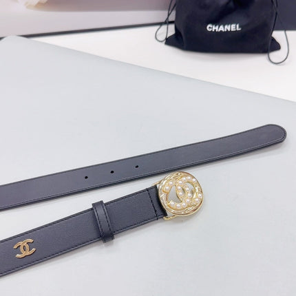 CC 30MM BELT IN BLACK CALFSKIN GOLD HARDWARE ATTACH PEARLS