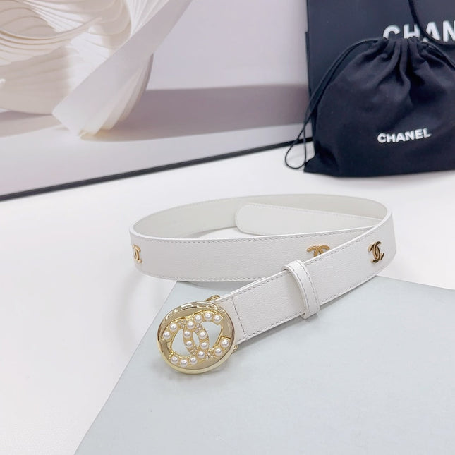 CC 30MM BELT IN WHITE CALFSKIN GOLD HARDWARE ATTACH PEARLS